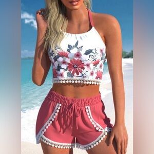 Lace Floral Print Two Piece Bathing Suit, Size Medium
